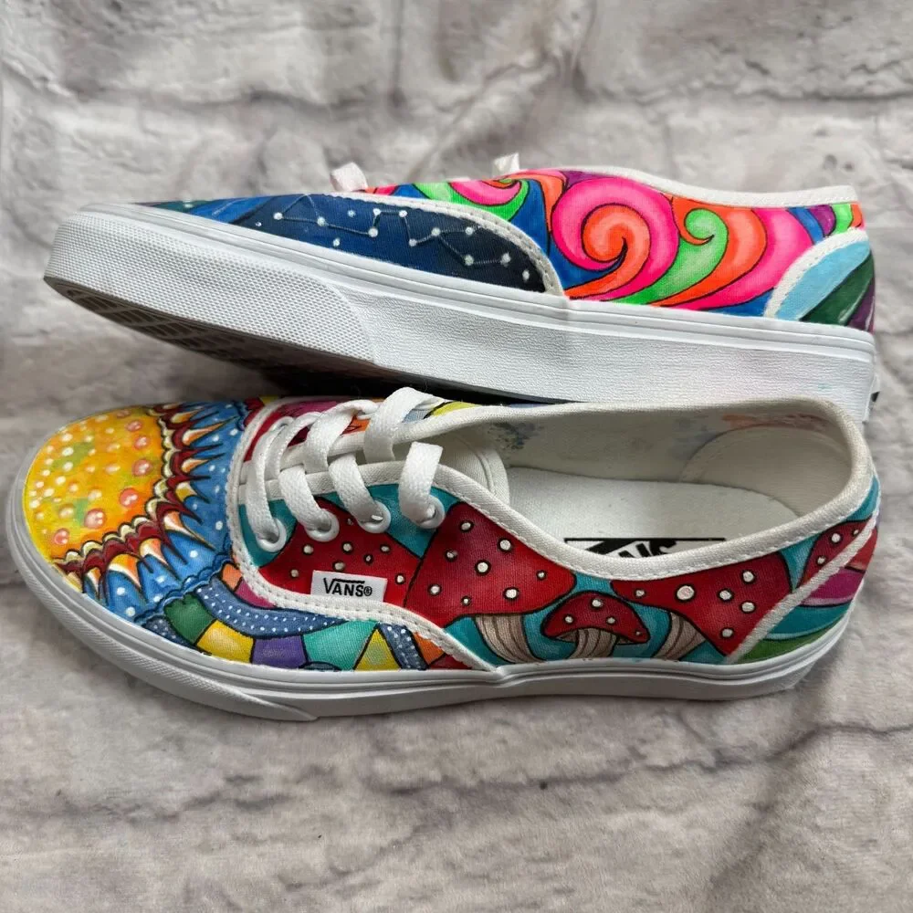 Custom Hand Painted Vans Sun Earth Mushrooms Peace Rainbow Women's Size 7 Shoes